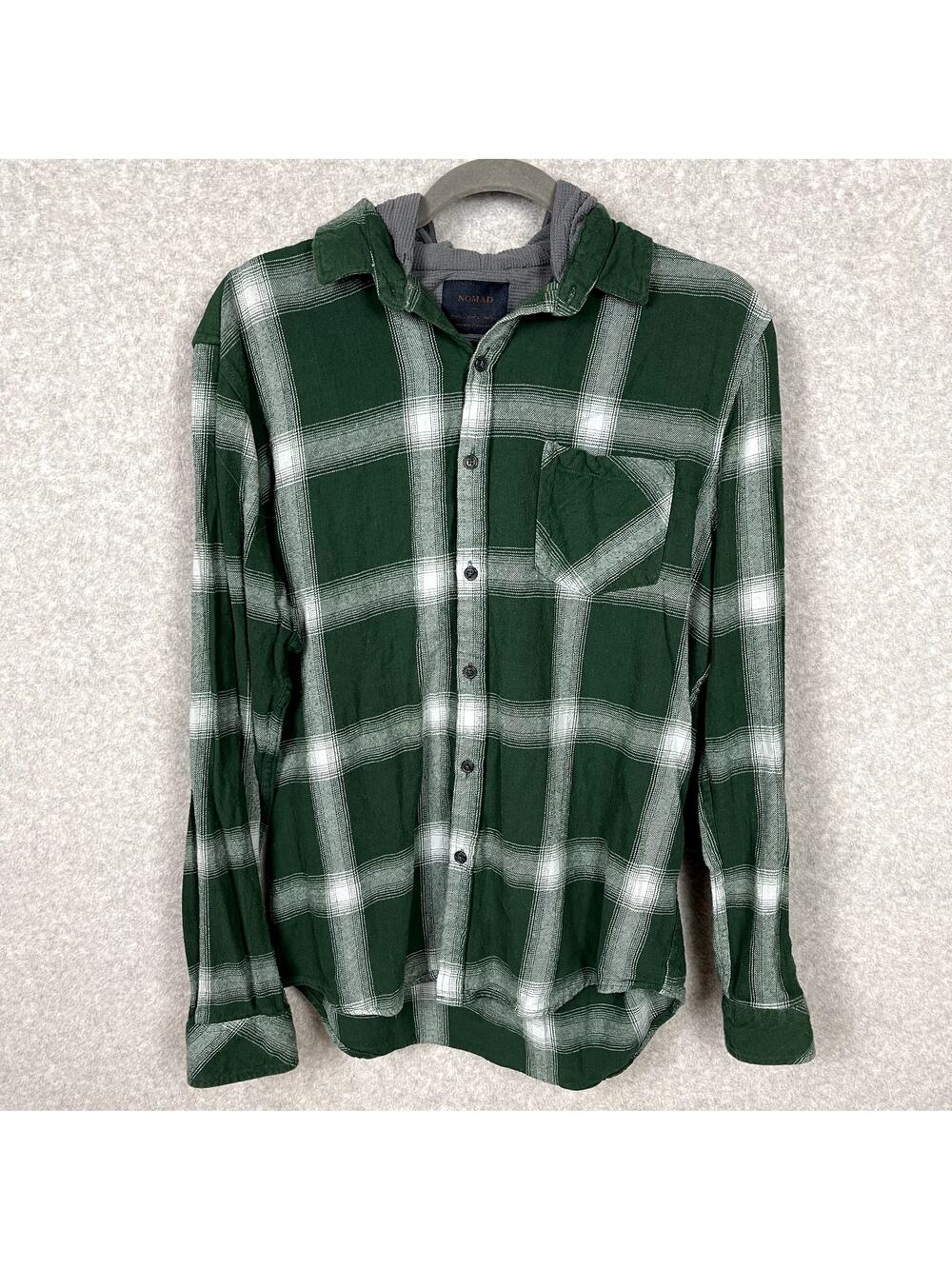Nomad Sierra Button Up Size L Green White Plaid Grey Hooded Flannel Waffle Knit